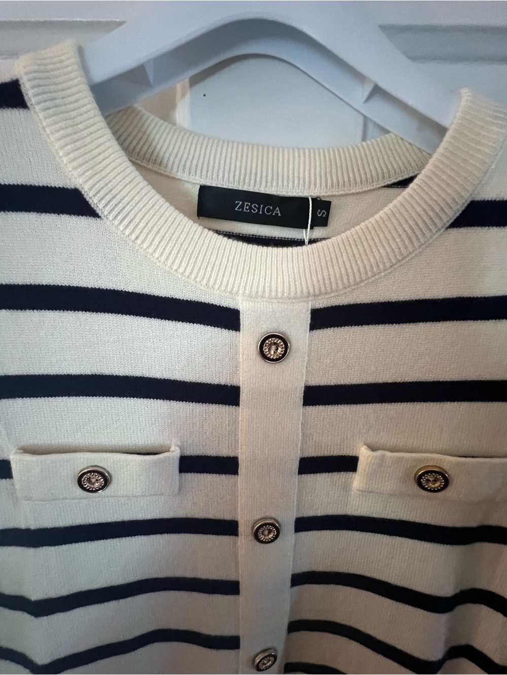 NWT Zesica Cream and Navy Striped Midi Dress with Decorative Buttons